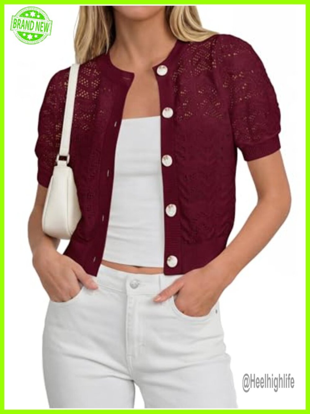 Women's Crochet Cardigan Short Sleeve Sweater Puff Sleeve
